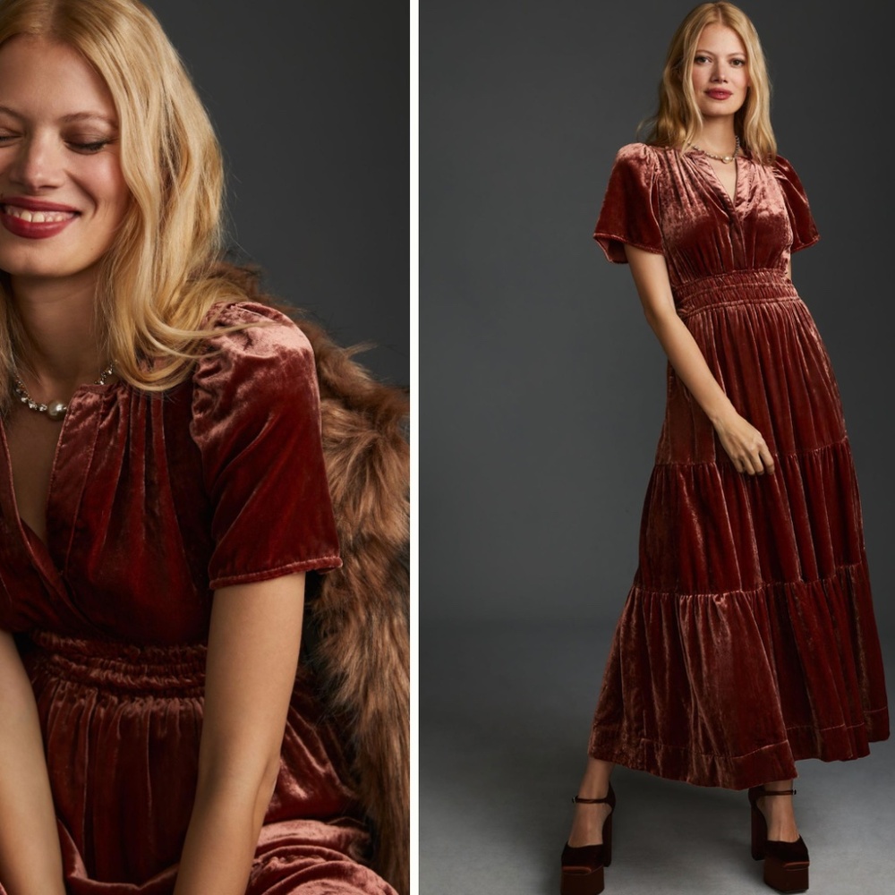 Anthropologie Velvet Maxi Dress in Rust